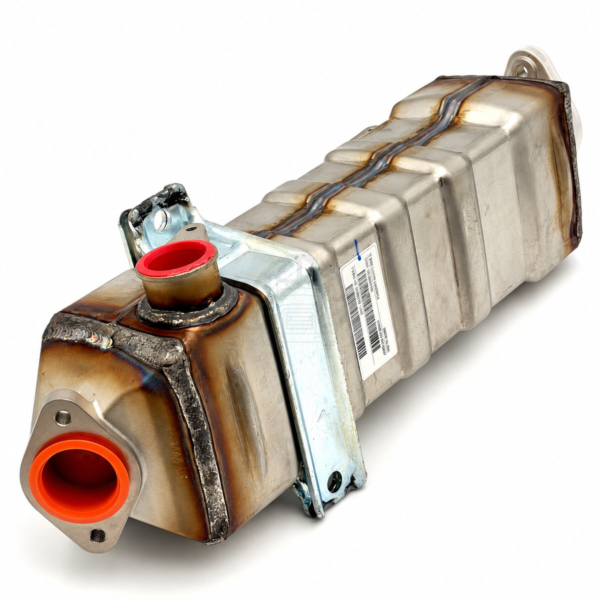 A three-quarter view of the stainless steel 2881692 EGR cooler showing the mounting flange with red protective plastic caps.