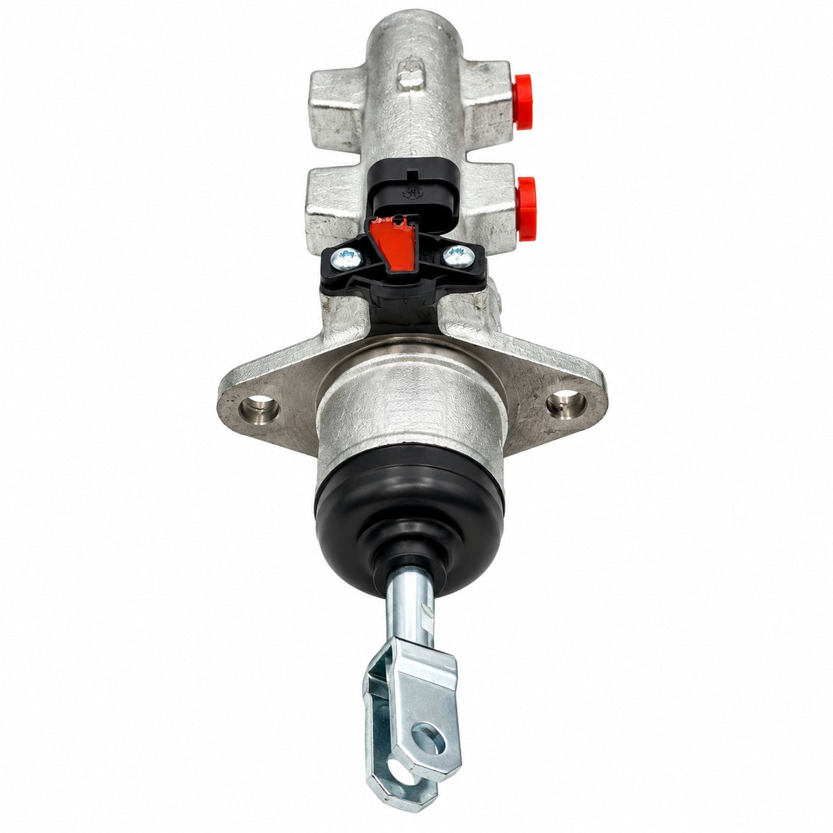 Front-facing view of a metallic cylinder showing the mounting flange, pushrod clevis, red port plugs, and the central sensor connector stamped with code 2587200C91.