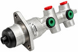 Underbelly perspective of the cylinder body showcasing the green port seals, red cap plugs, and the riveted WABCO manufacturer ID plate featuring code 2587200C91.