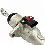 Detailed close-up of the integrated black plastic electrical sensor connector with its red locking clip secured to the code 2587200C91 cylinder body housing.