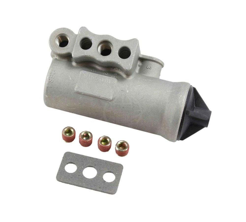BX277486N D-2 air brake compressor governor valve assembly with mounting gasket and fittings, left angle view.