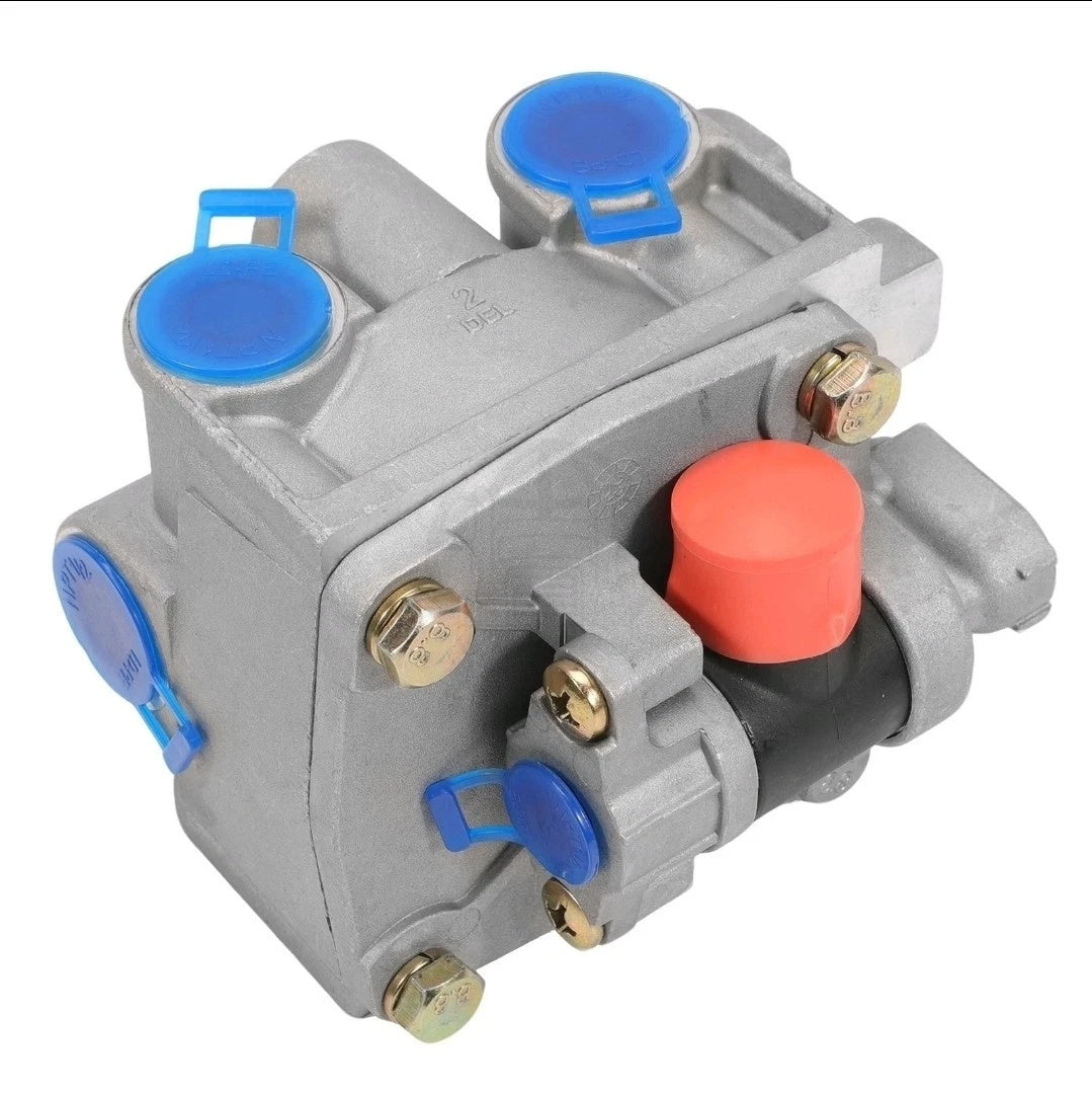 Top isometric view of the Bendix ATR-6 Traction Relay Valve k070951 showing the control solenoid with its protective red cap and dual top delivery ports.