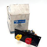 Front view of the Bendix MV-3 Dash Valve 801631 with its original box, showing the yellow parking brake and red trailer air supply knobs.