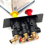 Direct top-back angle of the 801631 dual-circuit control valve, displaying the alignment of the color-coded airline fittings and supply connection.
