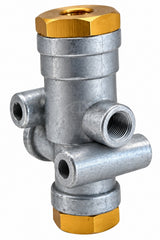 Vertical profile of a heavy-duty air brake synchronizing valve K028994, highlighting the metallic body construction and brass end cap with a threaded port.