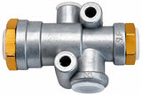 Side view of the K028994 synchronizing valve, clearly displaying the cast-in SUP (Supply) and DEL (Delivery) identification marks on the ports.
