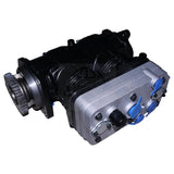 Angled front view of the Bendix BA-922 air brake compressor (Part Number: K098559) with blue shipping plugs on the cylinder head.