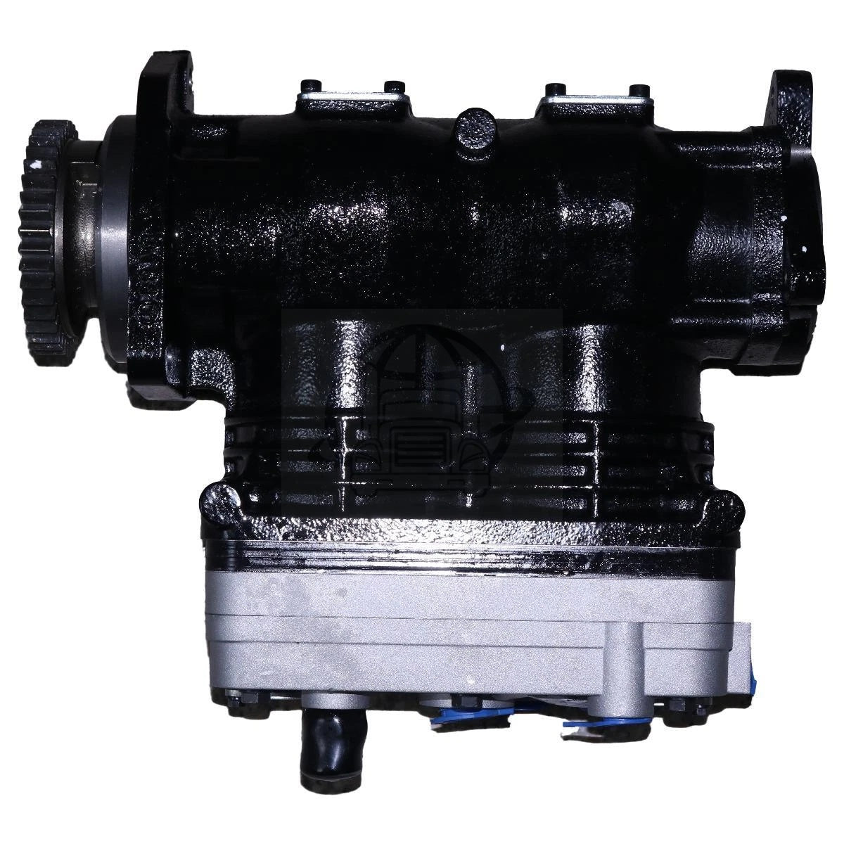 Top-down view of the heavy-duty air brake compressor K209339, showing the black housing, drive gear, and aluminum head.