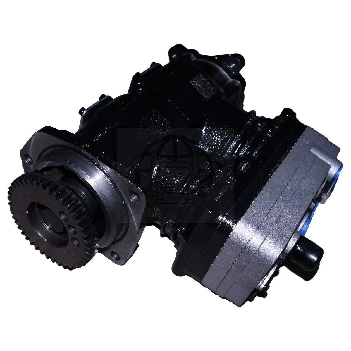 Rear angled perspective of the 10R-2768 air compressor, highlighting the drive gear configuration and mounting flange.