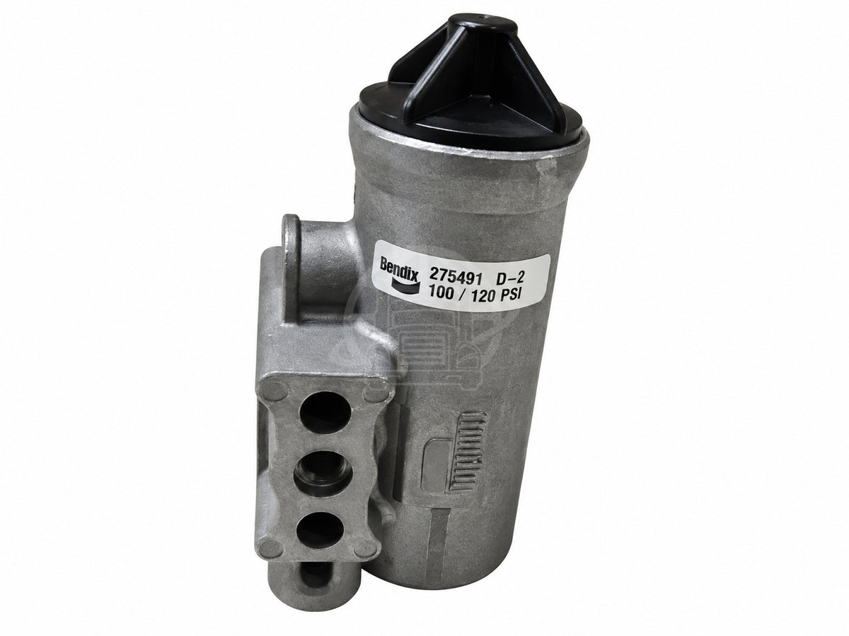 Bendix 275491 D-2 air brake governor valve, rated for 100 / 120 PSI, shown standing vertically with its mounting ports and black adjustment cap clearly visible. Code: 8167476.