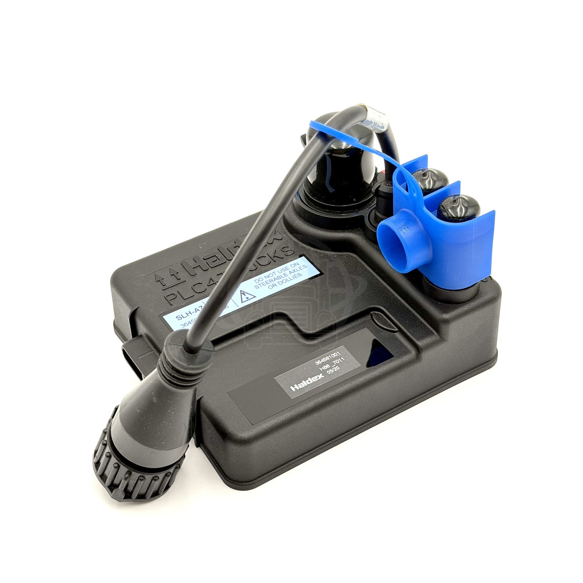 Top-diagonal view of the Haldex AL919339 ECU module showing the main connector cable, side ports, and official product labels.