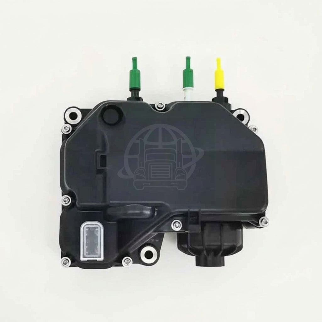 Front view of DEF Pump Module S17H0E0042 with color-coded green and yellow fluid line fittings.