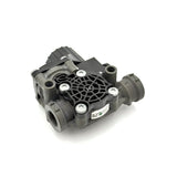 Bottom-up view of the Bendix 85144378 component showcasing the textured plastic exhaust cap and mounting holes.
