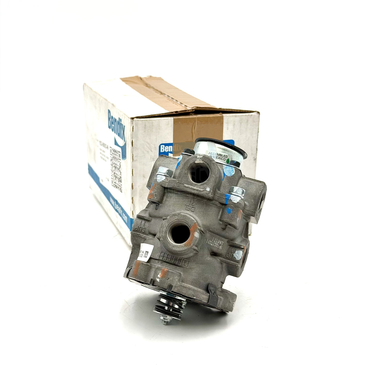 Bendix brake valve unit 286171N showing the main ports with a cardboard box in the background.