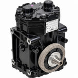 Front-quarter view of a black Ford air compressor featuring a technical specifications label, code 2502460C91, and a keyed drive shaft surrounded by a felt seal ring.