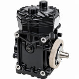Side-angle view highlighting the black compressor housing, top valve caps, mounting bolt holes, and the shaft assembly labeled under code 2502460C91.