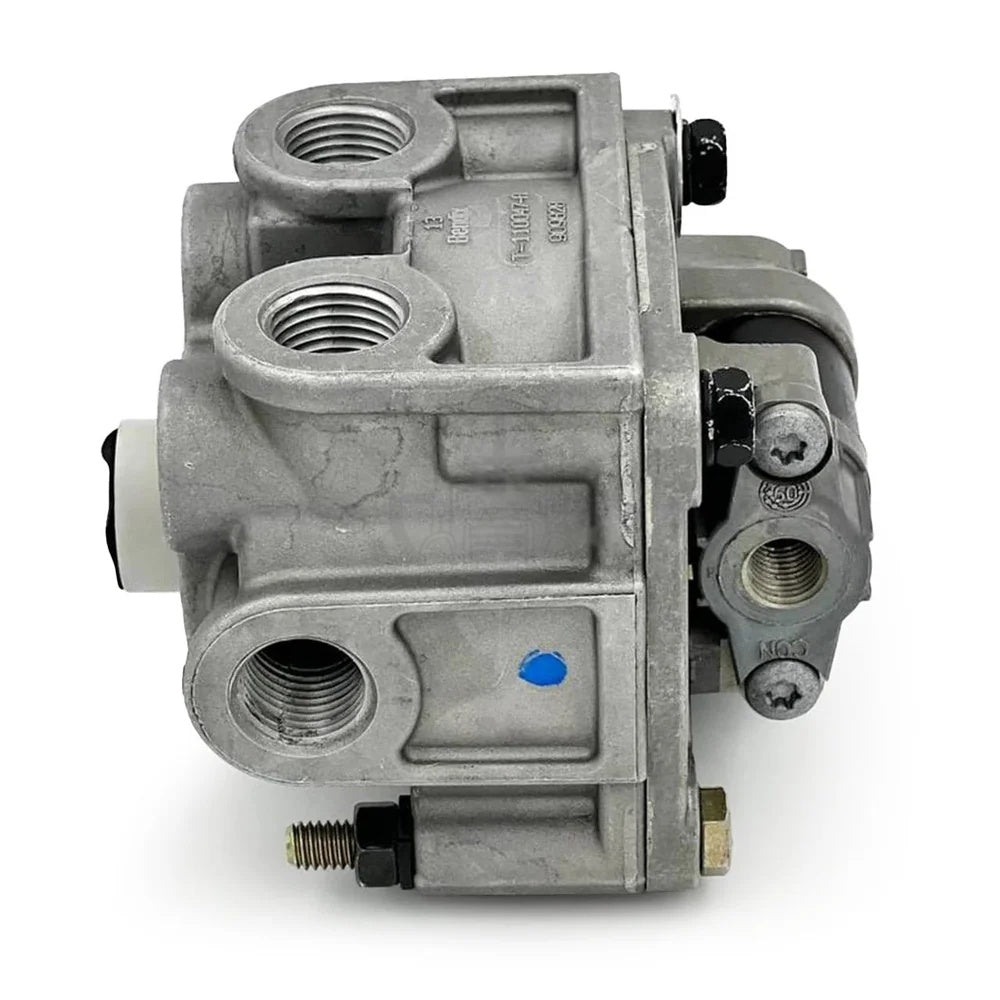 Side view of a Bendix traction relay valve (code 2602215C91) featuring a blue dot marker and threaded ports.
