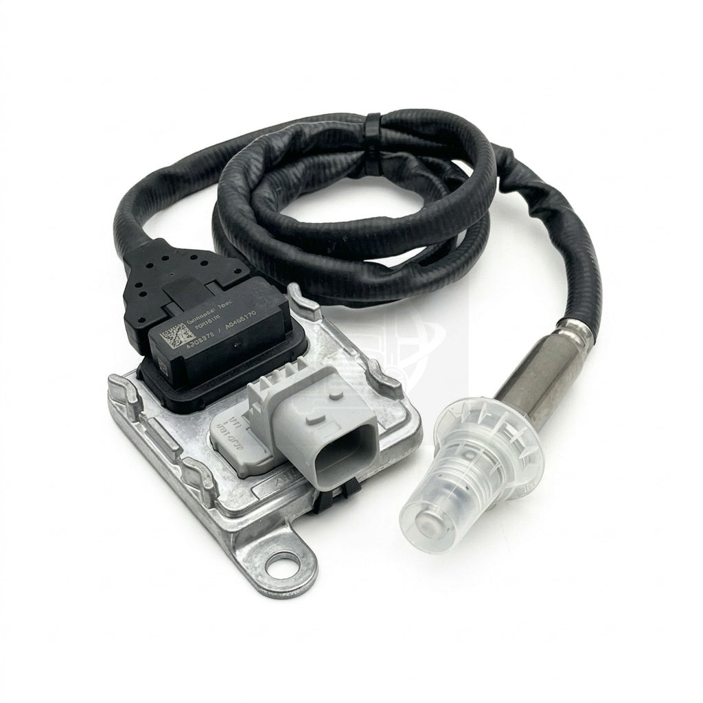 Top view of a heavy-duty NOx sensor assembly (part number 4326870RX) showing the control module with its grey terminal connector and connected sensor probe.