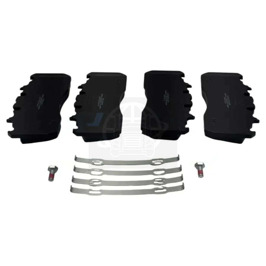 A complete set of heavy-duty brake pads with four metal hardware clips and two mounting bolts code 23649812.