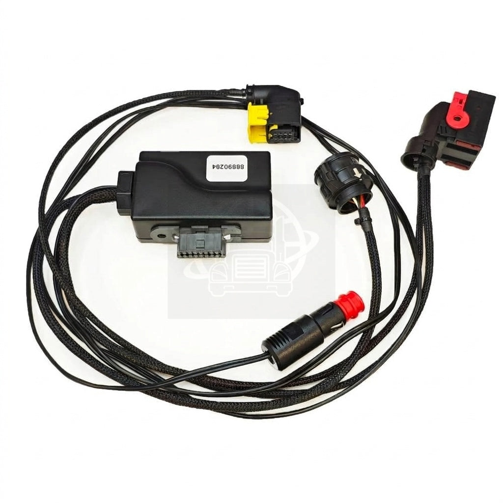 Complete diagnostic cable kit layout for the Volvo / Mack 88890284 Gearbox Interface Breakout Harness. Includes the main control module marked 88890284, heavy-duty wiring, multi-pin connectors, and a 12V power adapter.