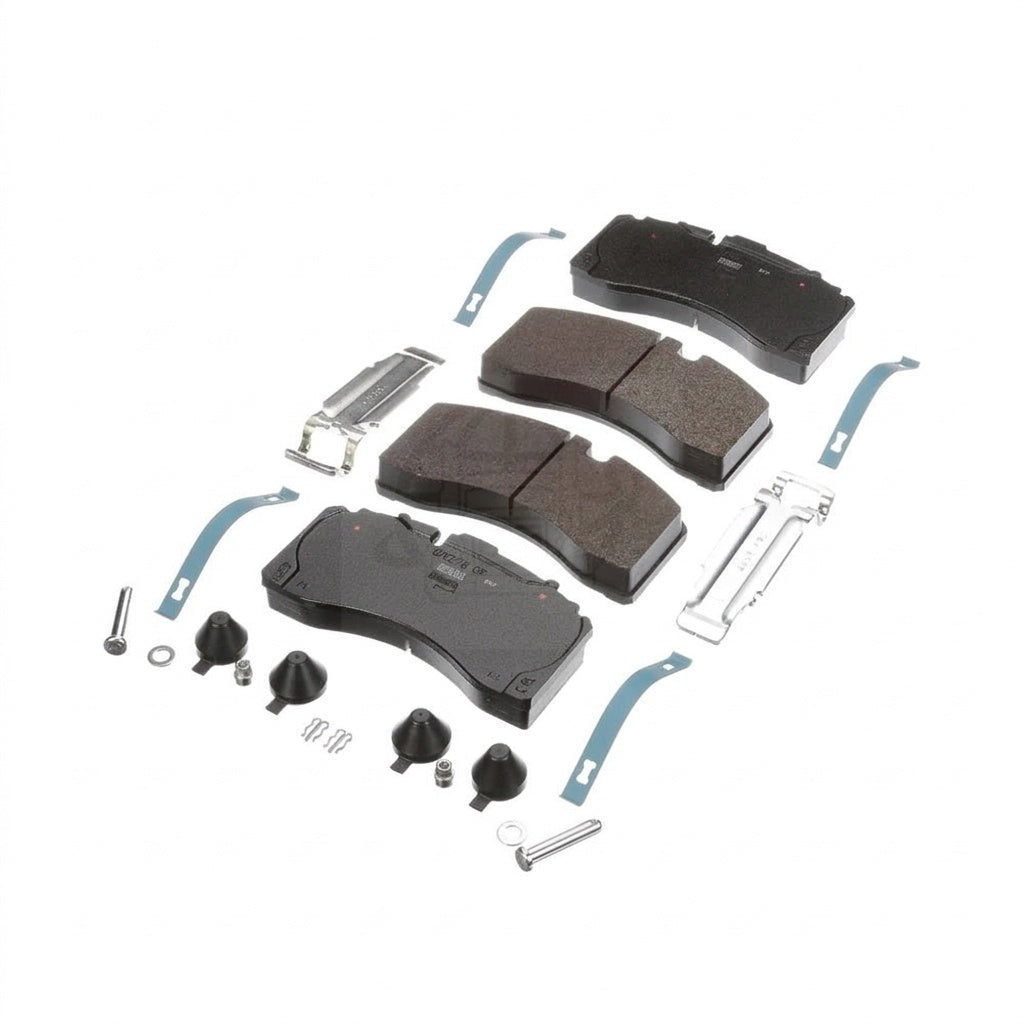 Complete genuine Volvo commercial truck air disc brake pad installation kit with full hardware. Code: 85151479.