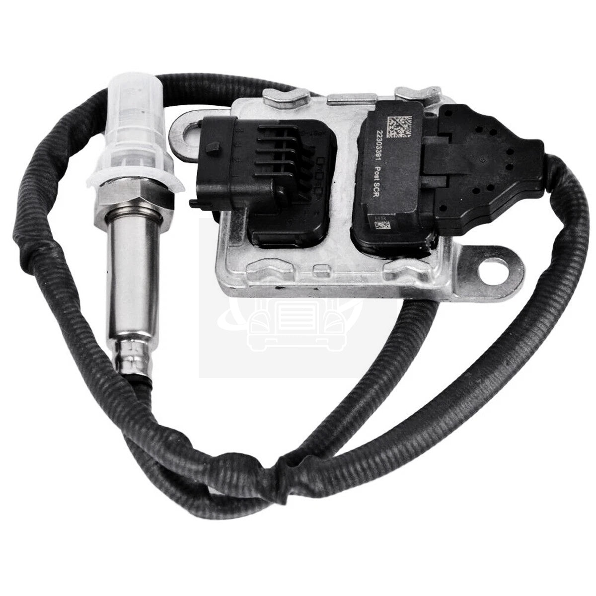 Top view of the 22303391 Post SCR NOx sensor control module, showing the wiring harness, connector ports, and laser-etched identification codes on the metal housing.