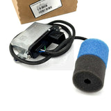 Full view of the specialized emissions sensor component showing the wiring connection interface and the detailed dual-layer foam filter element, matching cross-reference 23320447.
