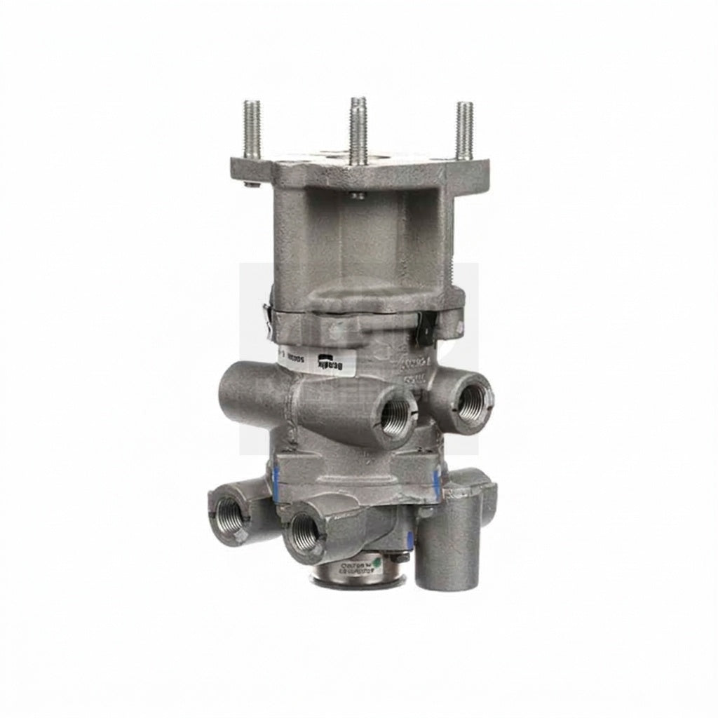 Front isometric view of a heavy-duty air brake foot valve, cross-referenced with OEM part number 3092987, showing the main body, mounting studs, and side air ports.