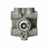 Bottom view of Bendix 745-801742 pilot relay valve showing internal cartridge, brand stamp, and port indicators.