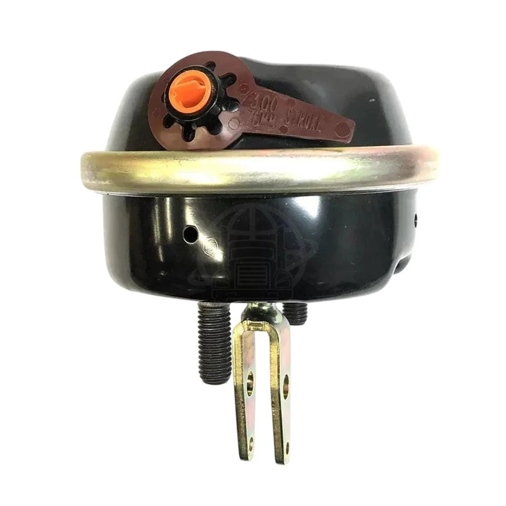 Front view of a black Haldex brake chamber with an orange stroke indicator pointing to 19QE486.