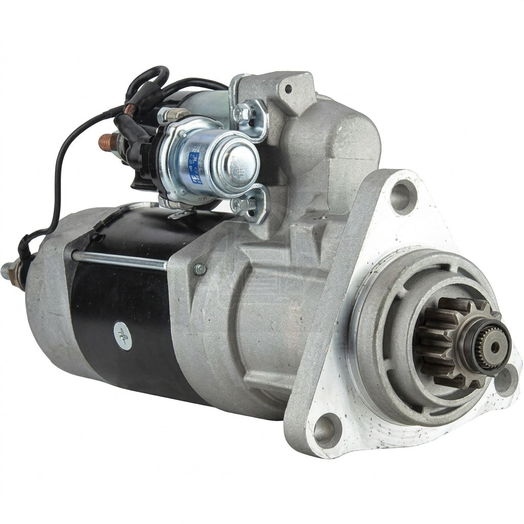 Isometric front view of the heavy-duty truck starter motor (22398223) highlighting the mounting flange and the drive pinion gear.
